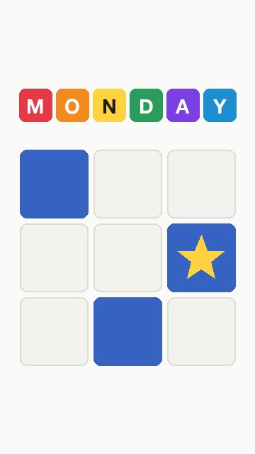 A three by three grid with three squares lit blue and a star on one, under the letters M, O, N, D, A, Y