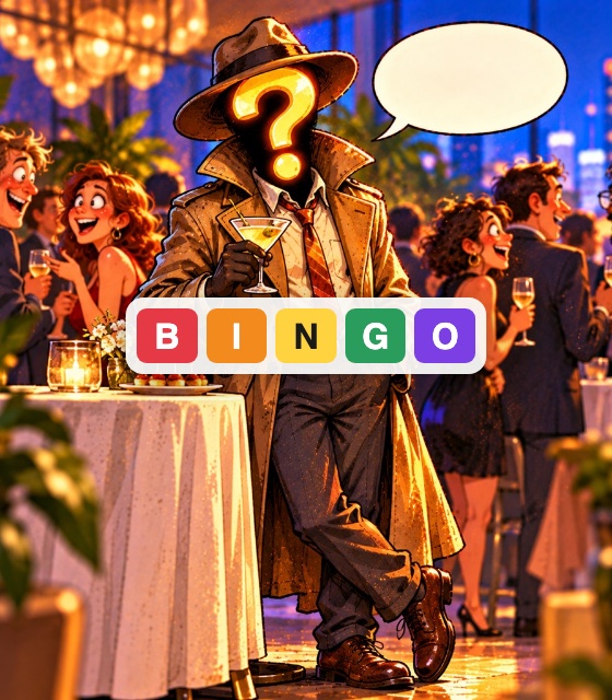 The letters B, I, N, G, O in bright colors above a trading card of a detective with a question mark for a face